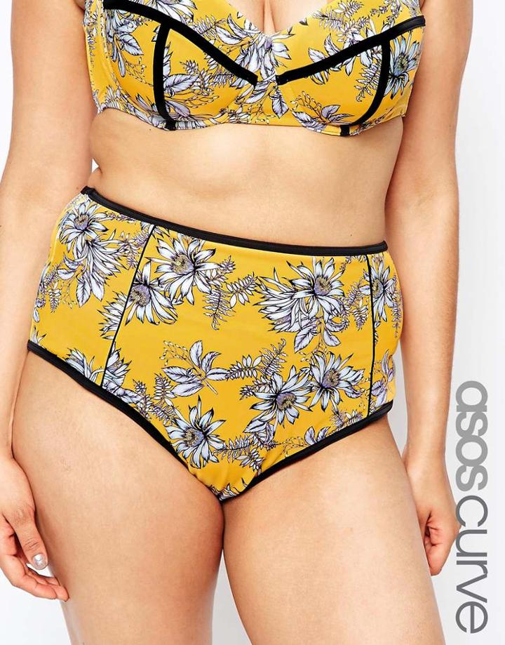 Asos Curve Pretty Floral Print Contrast High Waist Bikini Bottom