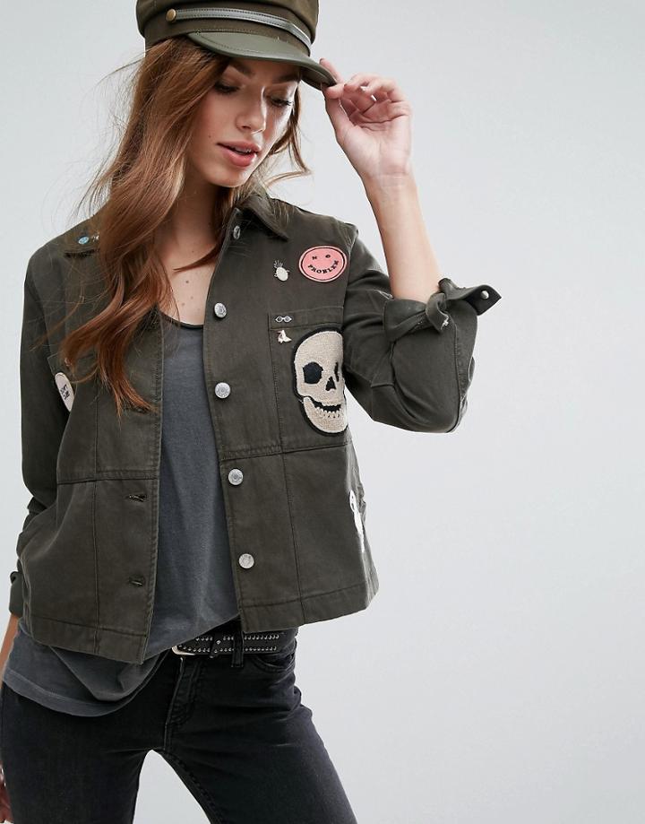 Mango Cropped Badge Detail Military Jacket - Green