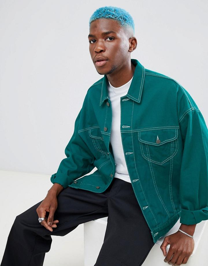 Asos Design Oversized Denim Jacket In Green With White Stitching - Green