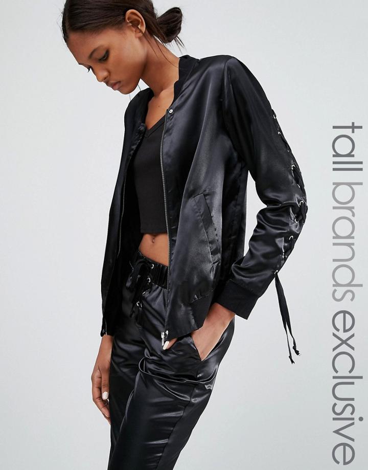 Noisy May Tall Kicks Back Lace Up Detail Slinky Bomber Jacket - Black