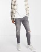 Asos Design Spray On Jeans With Power Stretch In Mid Gray With Rips-grey
