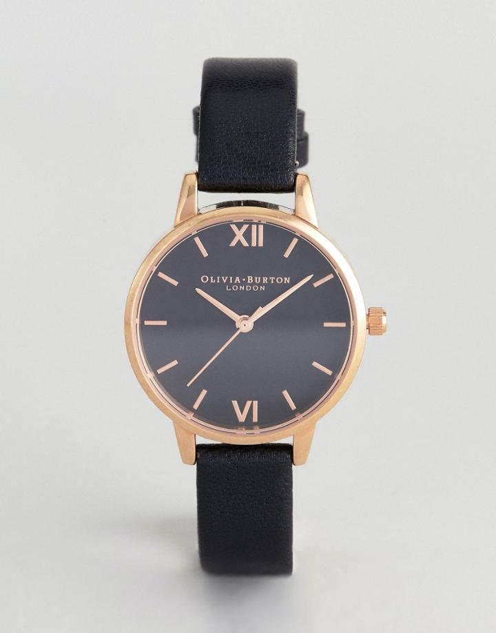 Olivia Burton Ob16md83 Black Sunray Dial Midi Leather Watch In Black - Black
