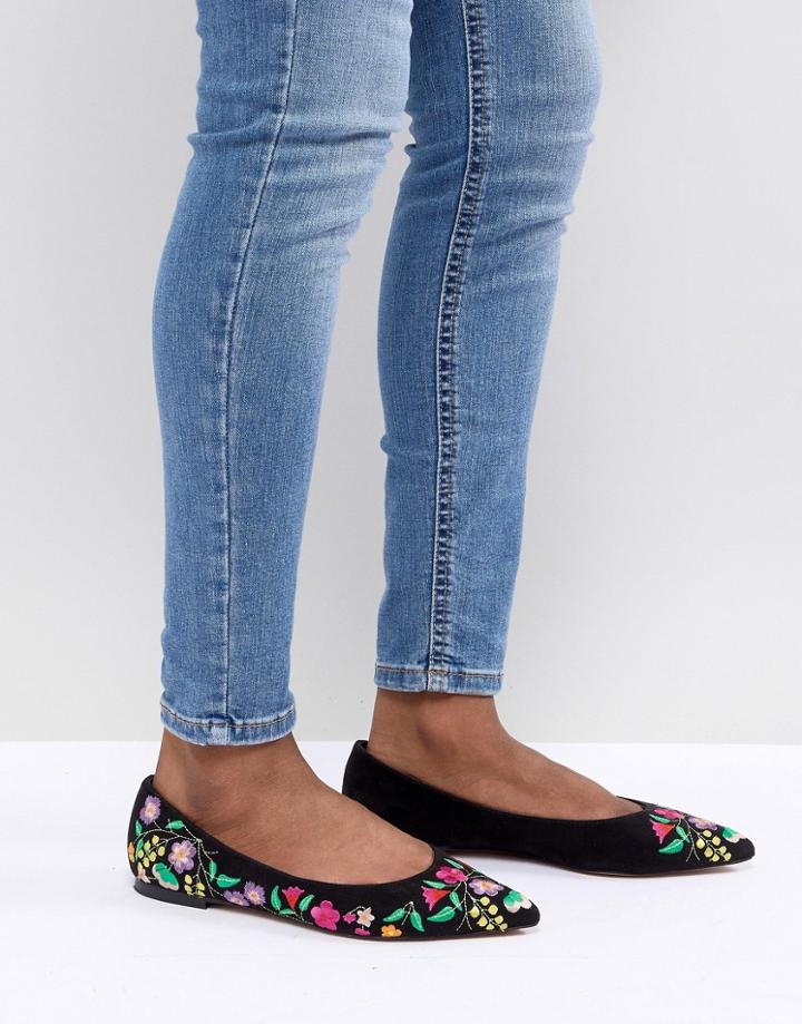 Asos Design Lantana Embroidered Pointed Ballet Flats - Black