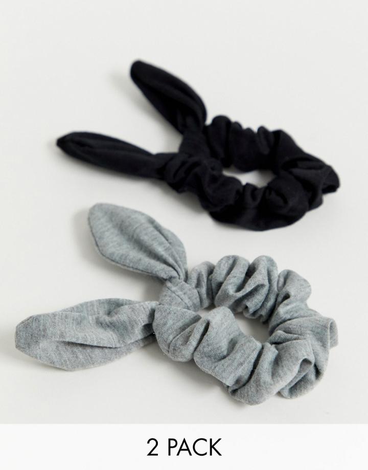 Asos Design Pack Of 2 Scrunchie Hair Ties With Bow Detail In Black And Gray-multi