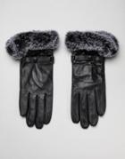 Barney's Originals Real Leather Gloves With Quilting And Faux Fur Trim - Black