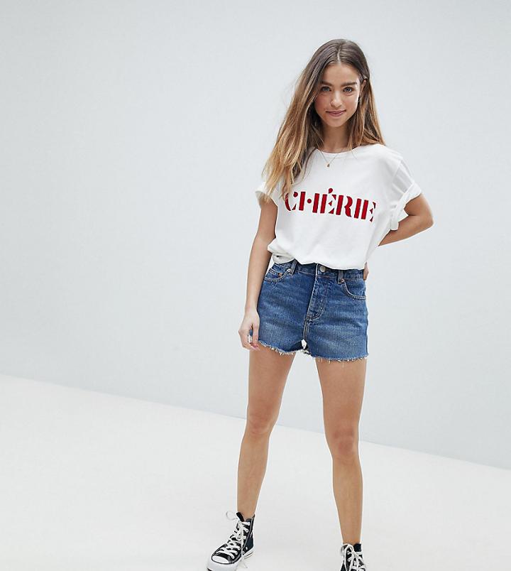 Asos Petite Denim Shorts With Raw Hem In Vintage Blue - Blue