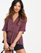 Asos Design Peplum Top With Contrast Buttons In Washed Purple