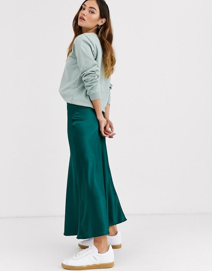 Monki Midi Satin Skirt In Dark Green-brown