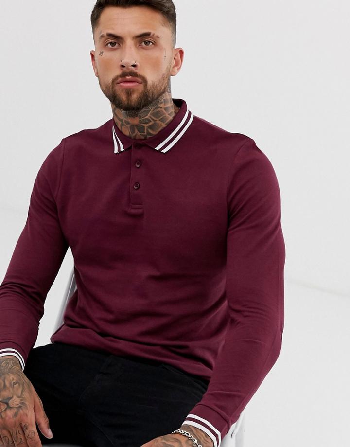 Asos Design Long Sleeve Tipped Pique Polo Shirt In Burgundy - Red