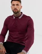 Asos Design Long Sleeve Tipped Pique Polo Shirt In Burgundy - Red