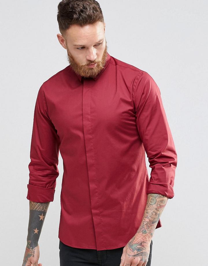 Noose & Monkey Skinny Shirt With Point Collar With Stretch - Wine