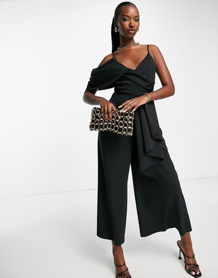 Asos Design Scuba Drape Neck Culotte Jumpsuit In Black-blue
