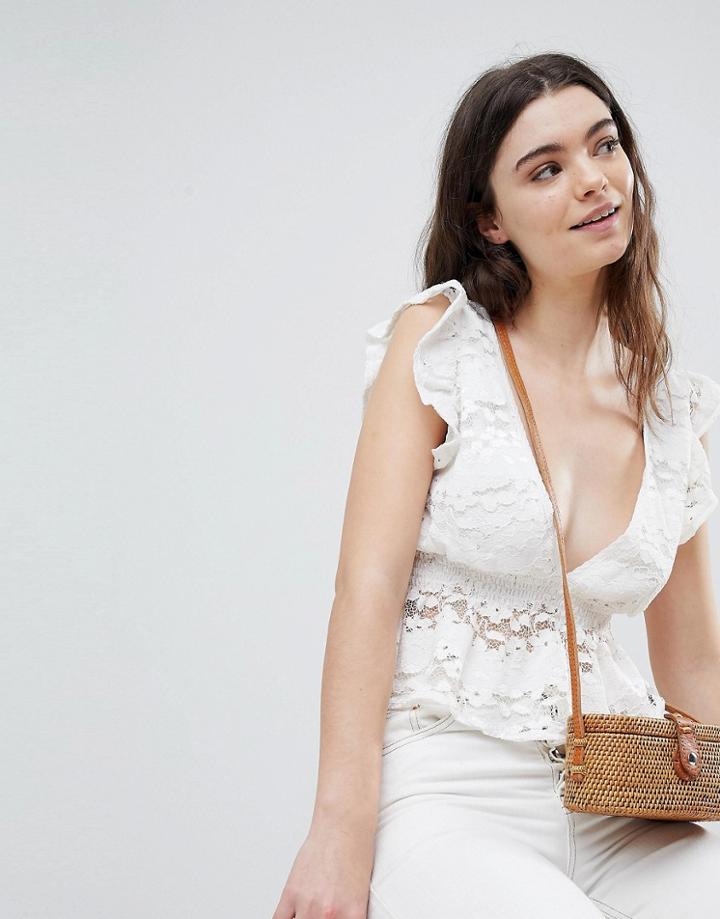 New Look Lace Frill Sleeve Peplum Crop Top - Cream