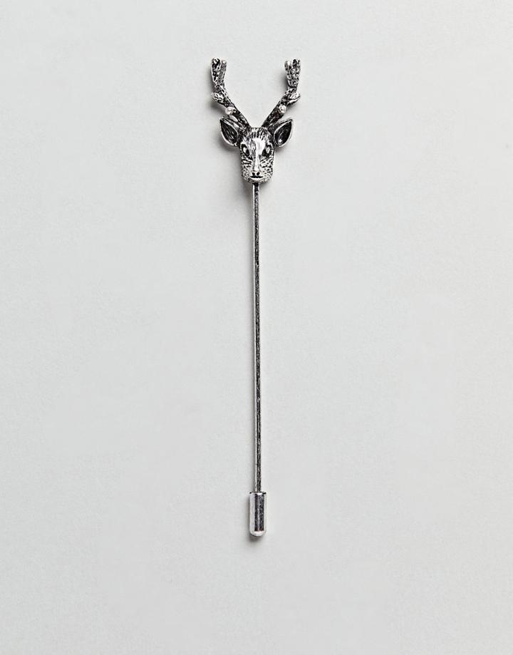Asos Wedding Stag Lapel Pin In Burnished Silver - Silver