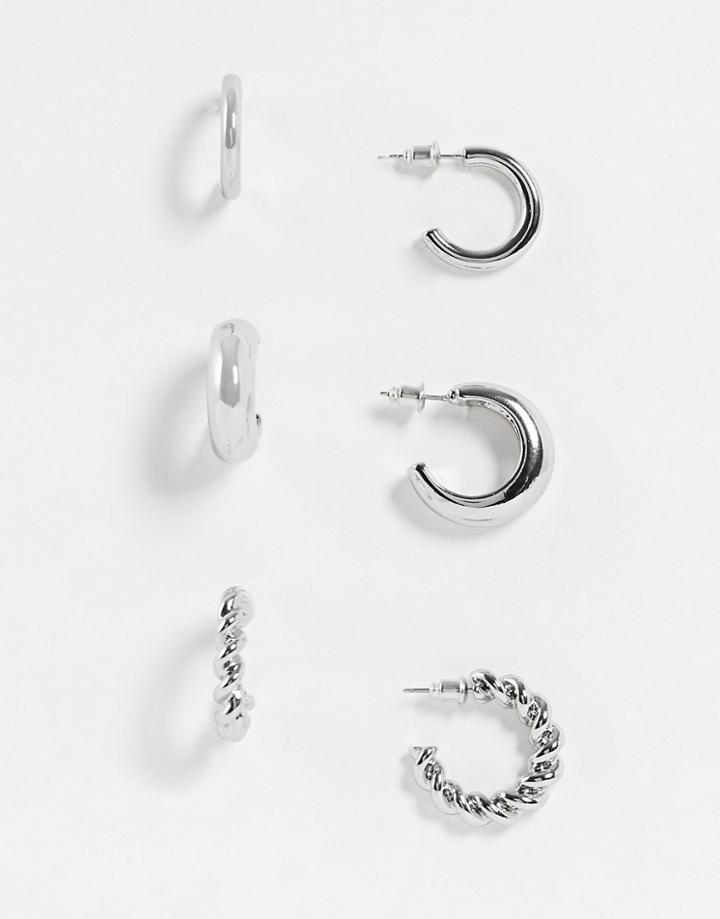 Topshop Mixed Mini Hoop Earrings 3 X Multipack In Silver