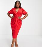 Asos Design Curve Shirt Knot Detail Wrap Midi Dress In Red