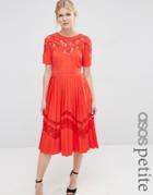 Asos Petite Premium Pleated Midi Dress With Lace Inserts - Red