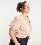 Hope & Ivy Plus Volume Sleeve Broderie Wrap Top With Bow Tie In Peach-pink