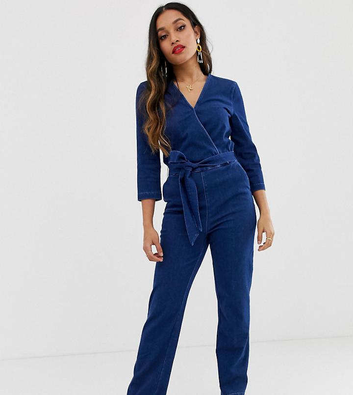 Only Petite Wrap Front Denim Jumpsuit - Blue