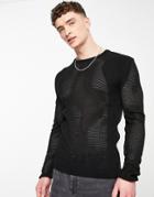 Asos Design Muscle Fit Pointelle Long Sleeve Sweater In Black