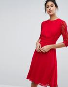 Elise Ryan Midi Skater Dress With Lace Waist And Sleeve - Red