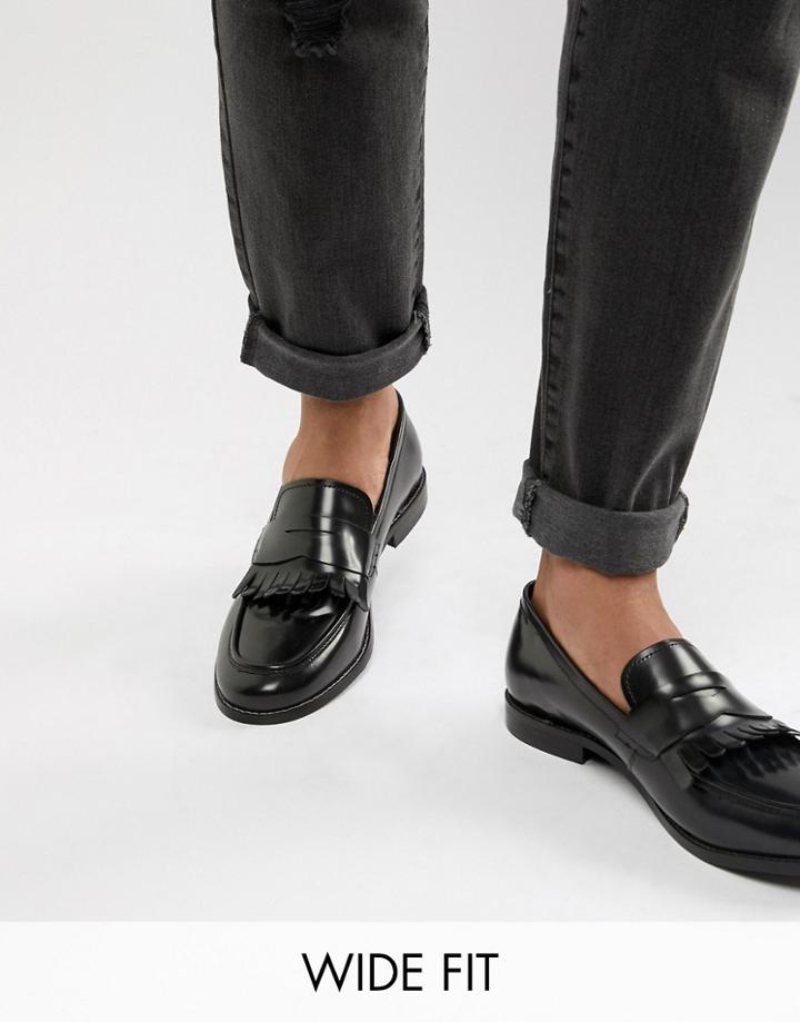 Dune Wide Fit Loafers In Black Hi-shine Leather - Black