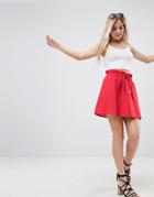 Asos Cotton Mini Skater Skirt With Tie Waist - Red