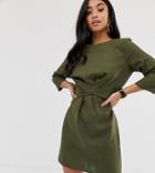 Asos Design Petite Tie Wrap Around Mini Dress In Linen-green