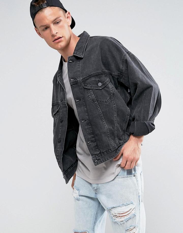 Asos Oversized Denim Jacket In Black Wash - Black