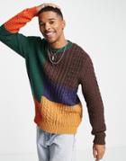 Asos Design Cable Knit Sweater In Patchwork Color Block-multi