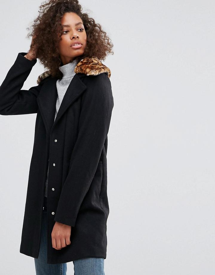 Brave Soul Leopard Faux Fur Collar Pea Coat - Black