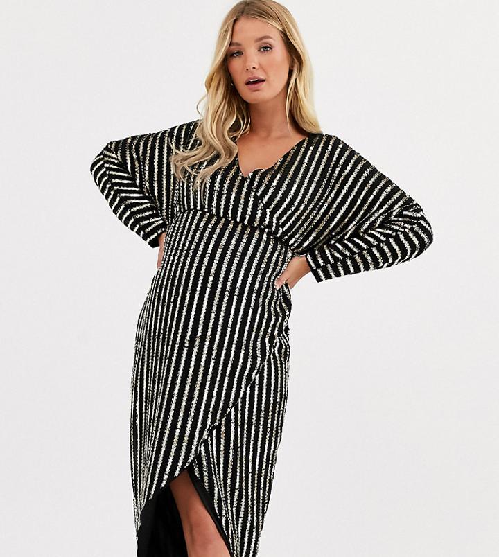 Asos Design Maternity Stripe Embellished Midi Dress With Batwing Sleeve