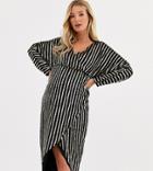Asos Design Maternity Stripe Embellished Midi Dress With Batwing Sleeve