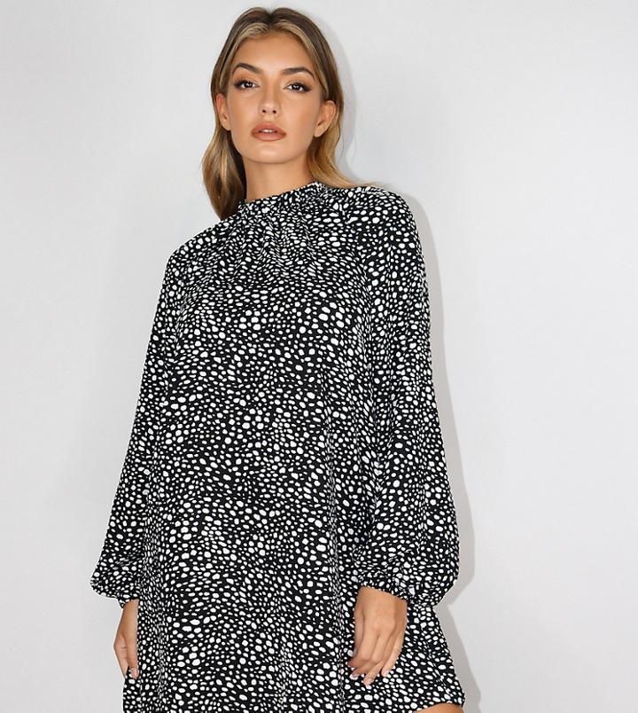 Missguided Long Sleeve Shift Dress With High Neck In Dalmatian-multi