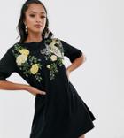 Asos Design Petite Embroidered Dragon T-shirt Dress-black