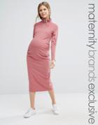 Bluebelle Maternity Ribbed Bodycon Midi Dress With Zip Detail - Red