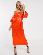 Asos Edition Drape Off Shoulder Midi Dress In Satin-orange