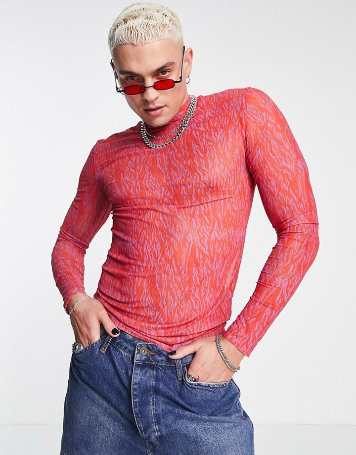 Asos Design Muscle Turtle Neck Long Sleeve T-shirt In Red Printed Mesh In Polyester - Red