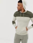 Asos Design Muscle Hoodie With Color Blocking In Beige And Khaki - Beige
