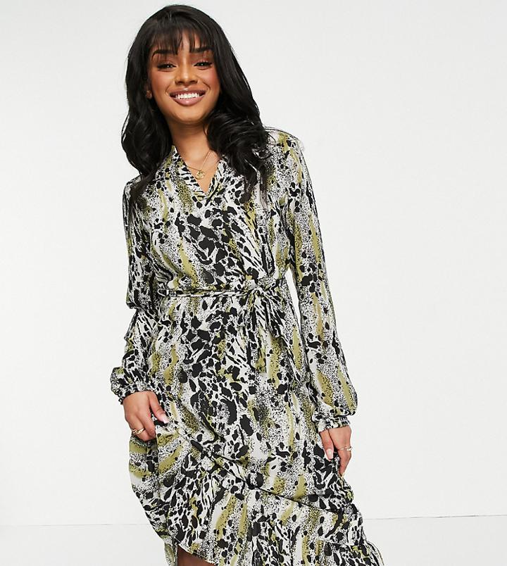 Vila Petite Midi Shirt Dress With Balloon Sleeve In Speckled Paint Print-multi