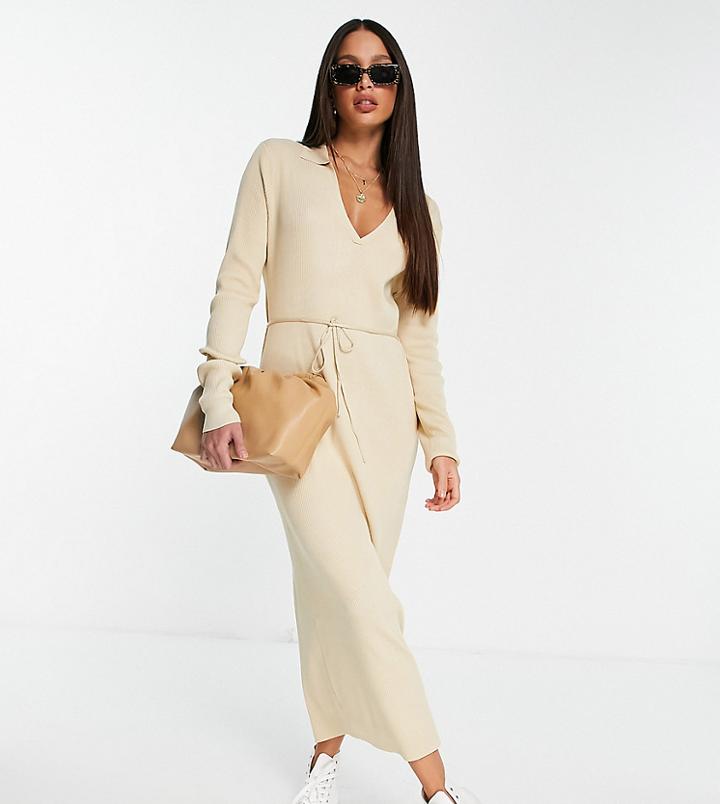Asos Design Tall Maxi Dress With Open Collar And Tie Detail In Oatmeal-neutral