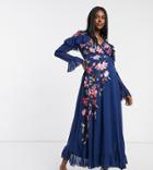 Asos Design Maternity Embroidered Wrap Maxi Dress With Peplum Hem And Fluted Sleeves In Navy