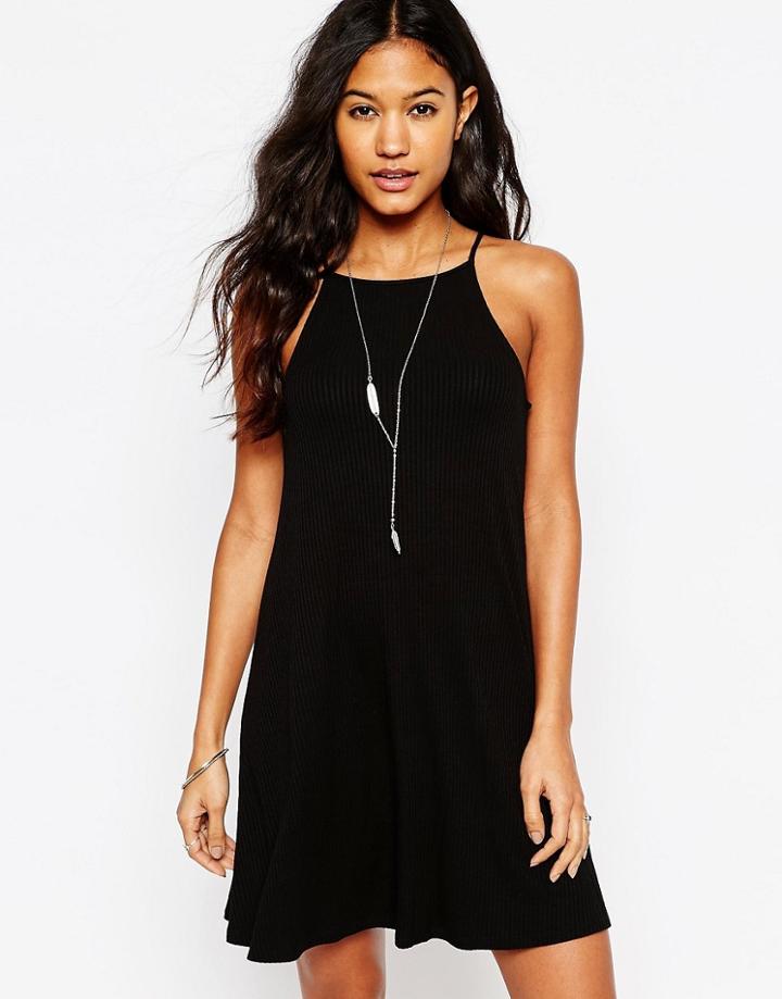 Asos Strappy Swing Dress In Rib - Black