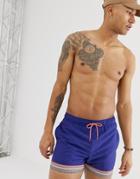 Asos Design Swim Shorts With Geo-tribal Tape Hem In Short Length-navy
