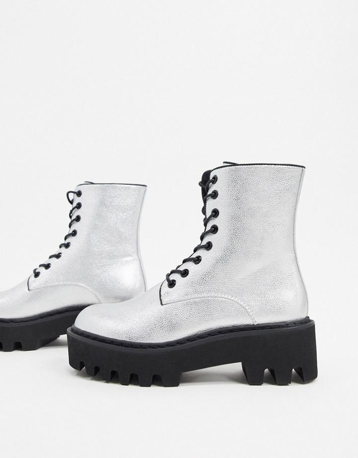 Lamoda Chunky Flat Boots In Silver
