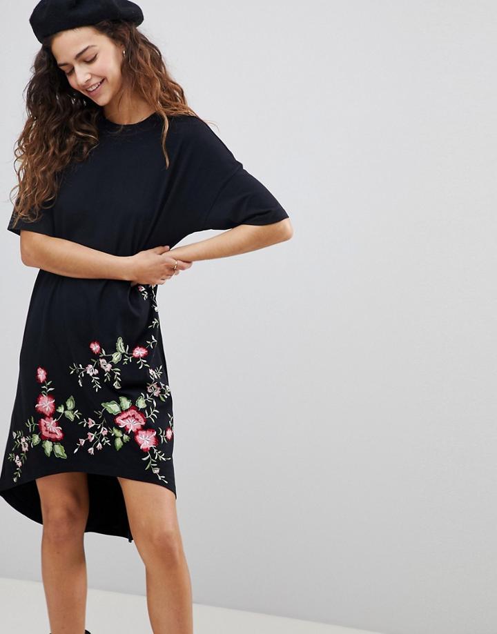 Asos Design Embroidered Hem T-shirt Dress With Hi Lo Hem - Black