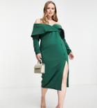 Asos Design Curve Foldover Bardot Midi Dress In Forest Green