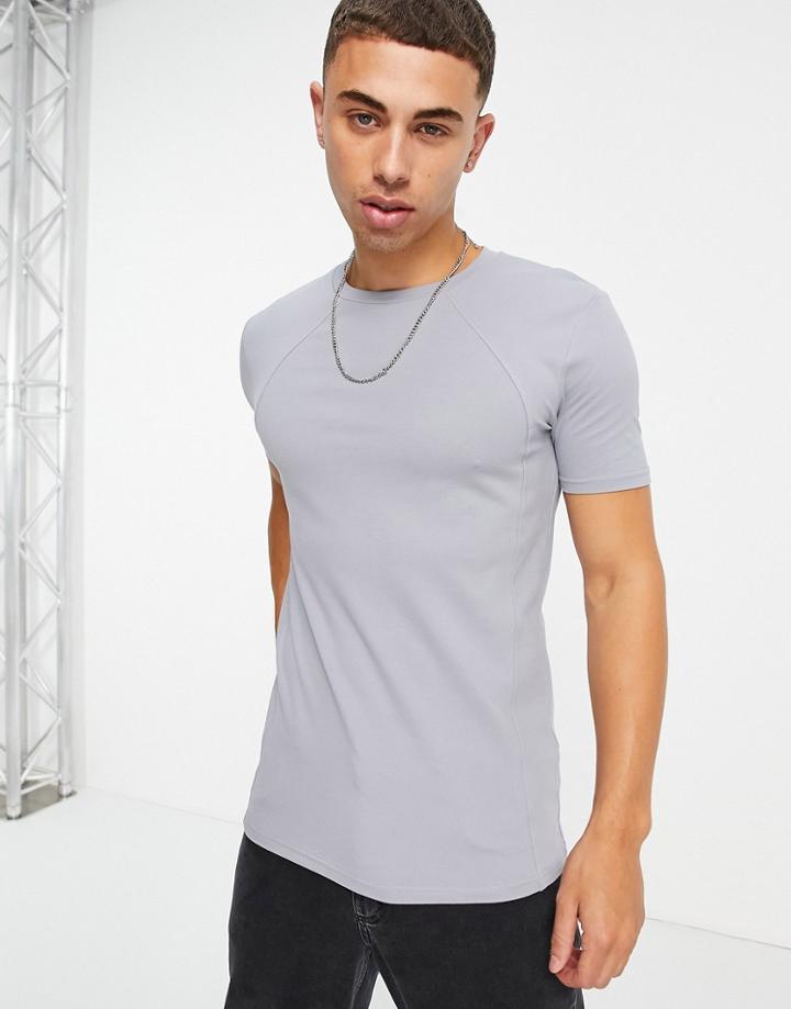 Asos Design Muscle Fit Pique T-shirt With Seam Detail In Blue Gray-grey
