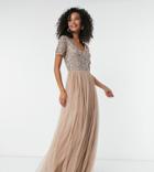 Maya Tall Bridesmaid Short Sleeve Maxi Tulle Dress With Tonal Delicate Sequins In Muted Blush-neutral