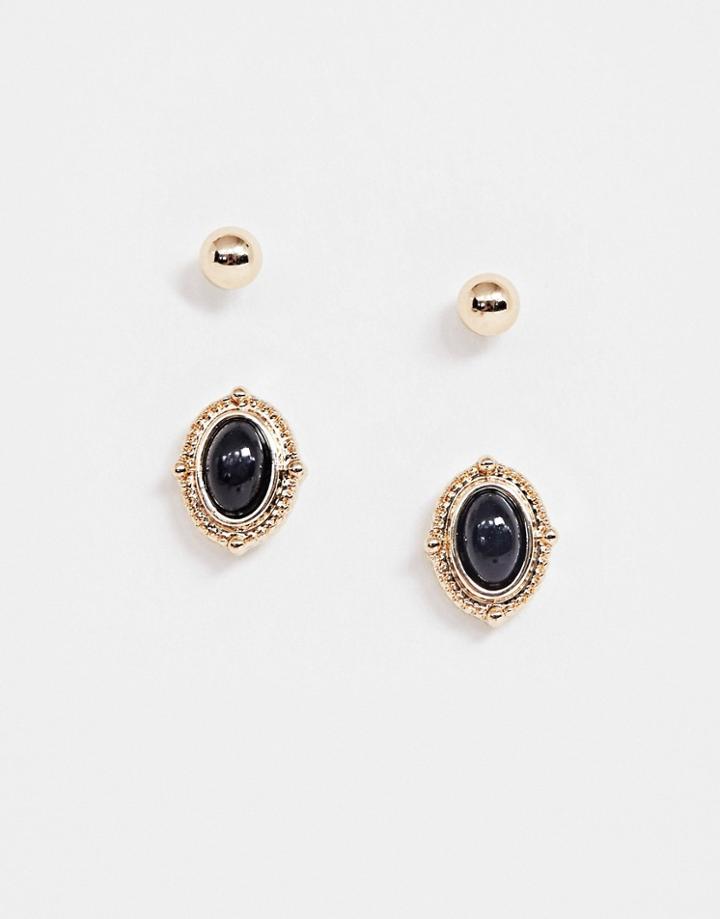 Asos Design Pack Of 2 Stud Earrings With Stone In Gold Tone